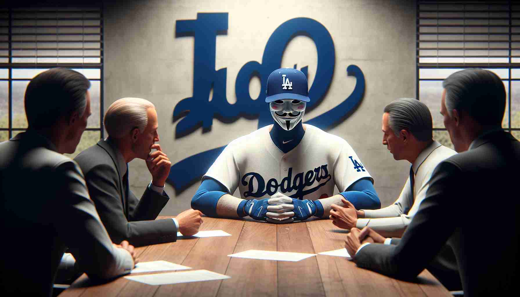 A highly detailed, photorealistic, HD image of a suspenseful baseball negotiation scene. The Dodgers' logo prominently displayed, an anonymous baseball player wearing a Dodgers' jersey, and executives engrossed in intense discussion. With natural lighting, realistic textures, and authentic color grading, the image is indistinguishable from a real photo.