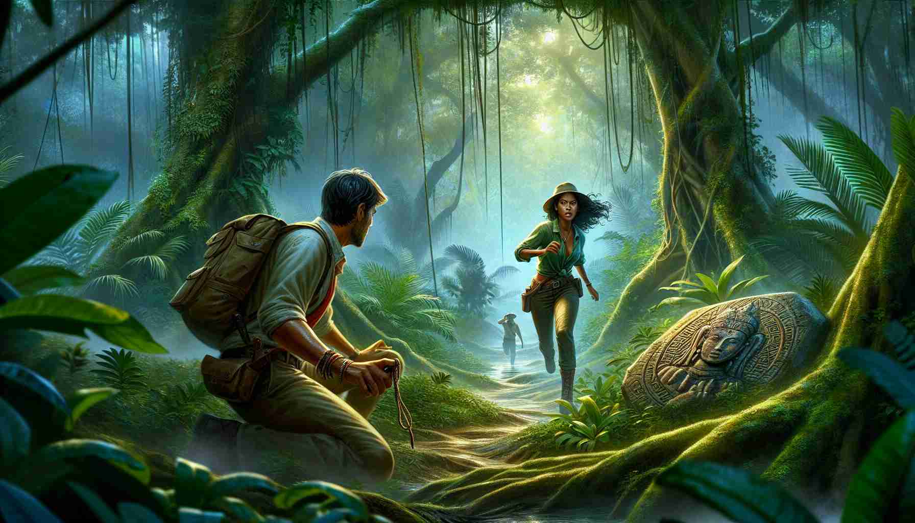 Imagine a scene depicting an unexpected discovery that kicks off an adventurous encounter. It can take place in a dense and lush forest where a male South Asian archaeologist stumbles upon an ancient artifact. At the same moment, a Black woman, a determined adventure-seeker, emerges from the thick foliage. She has been tracking the artifact as well, and their paths cross. The atmosphere is tense yet electric with the promise of adventure. Create this moment in utmost detail, focusing on the characters and the artifact set in the vibrant forest scenery. The image should have a realistic and high definition quality.