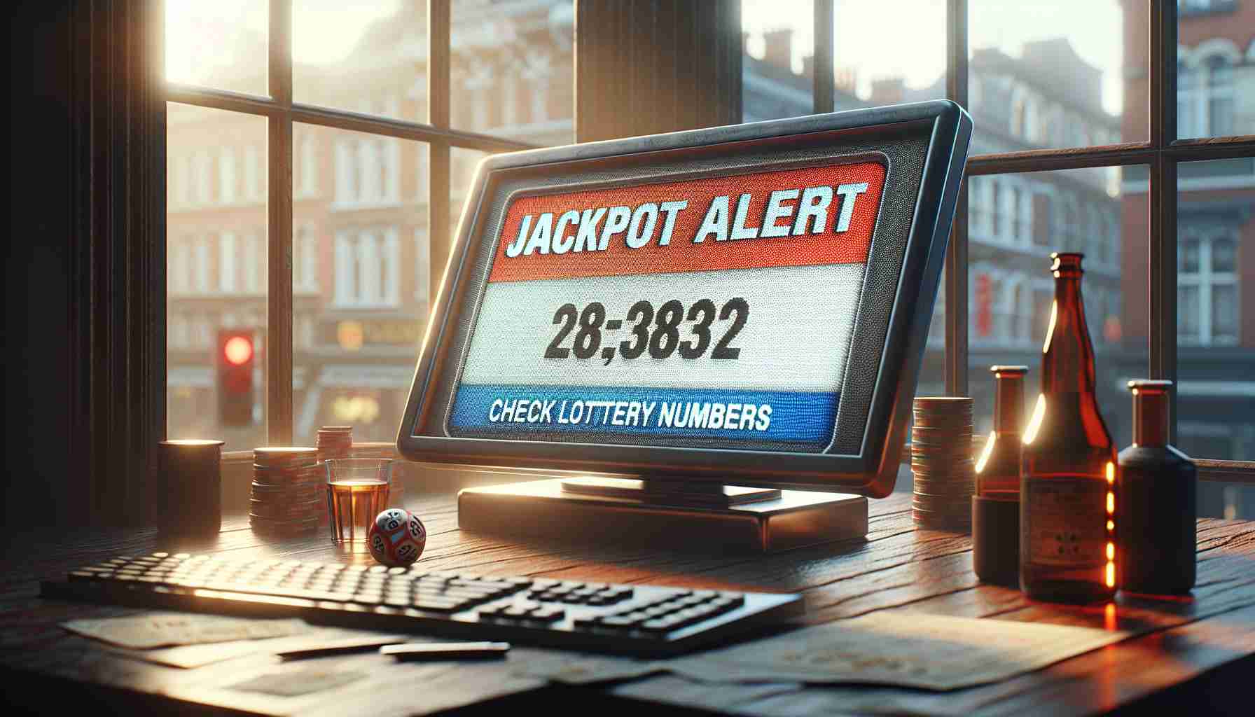 A highly detailed, photorealistic, HD digital rendering of a Jackpot Alert notification, urging to check lottery numbers. The scene displays a crisp clear view of the alert message, bathed in natural light. The image strives for a realistic representation of textures, and authentic color grading, giving the illusion of a snapshot from a real advertisement –almost indistinguishable from a real photo.