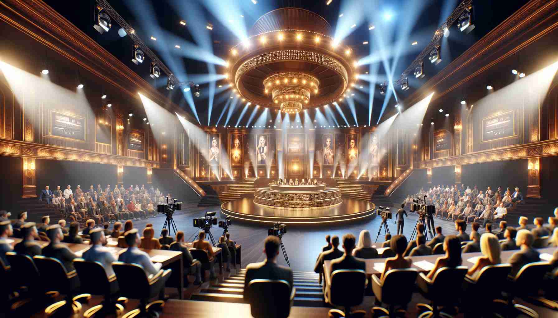 Render a high-definition, realistic image of the finale episode of a popular reality TV show with the title 'The Ultimate Showdown Awaits'. Display intense anticipation in the air, with grand setting, lights, cameras ready to roll, and contestants eagerly waiting for the results.