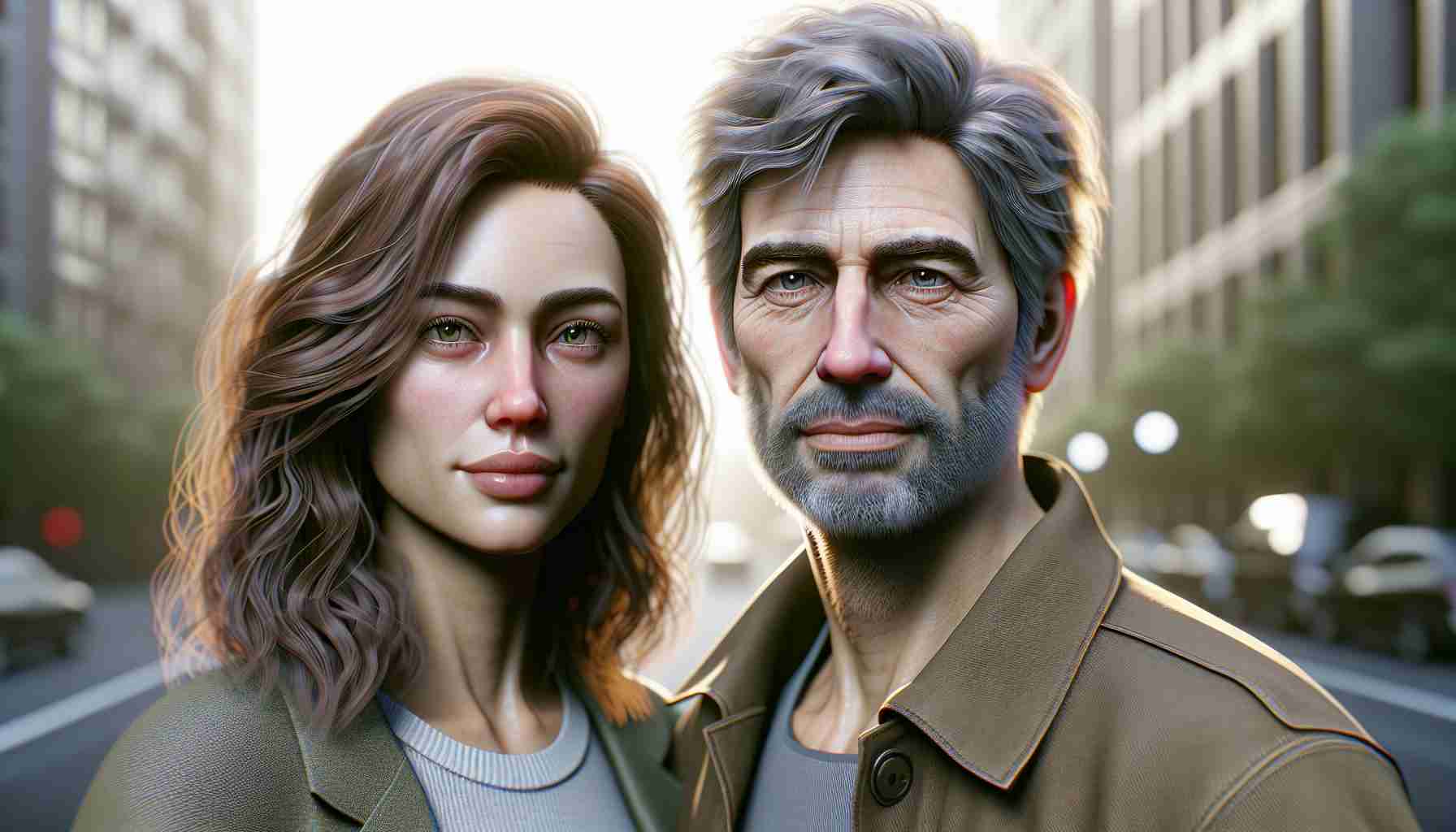 A highly detailed, photorealistic, full HD illustration of a new romance brewing? Two people, a middle-aged woman with brown hair and a middle-aged man with grey hair, are spotted together. They are standing in natural lighting, giving the scene realistic textures and authentic color grading. The details in the scene are so intricate that it becomes almost indistinguishable from a real photo.