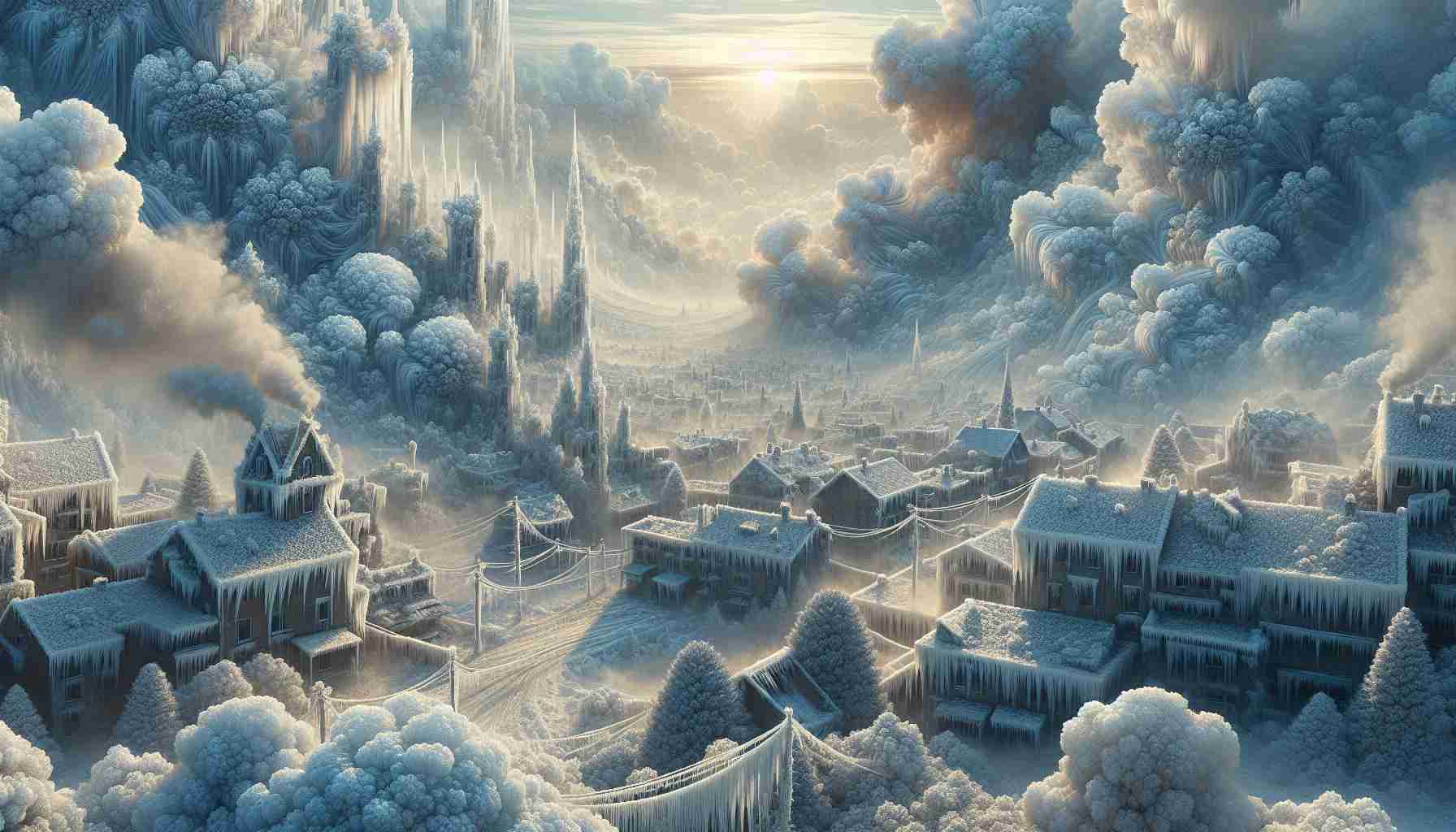 A highly detailed, photorealistic, HD image of an imminent cold snap or icy weather scenario. The image should have natural lighting conditions and realistic textures. It should include a landscape covered with fractal frost patterns, snowdrifts heaping up against buildings, icicles hanging from rooftops, and a hazy cloud of frost in the air. The colors should be authentic and reflect the invigorating chill of wintry weather.